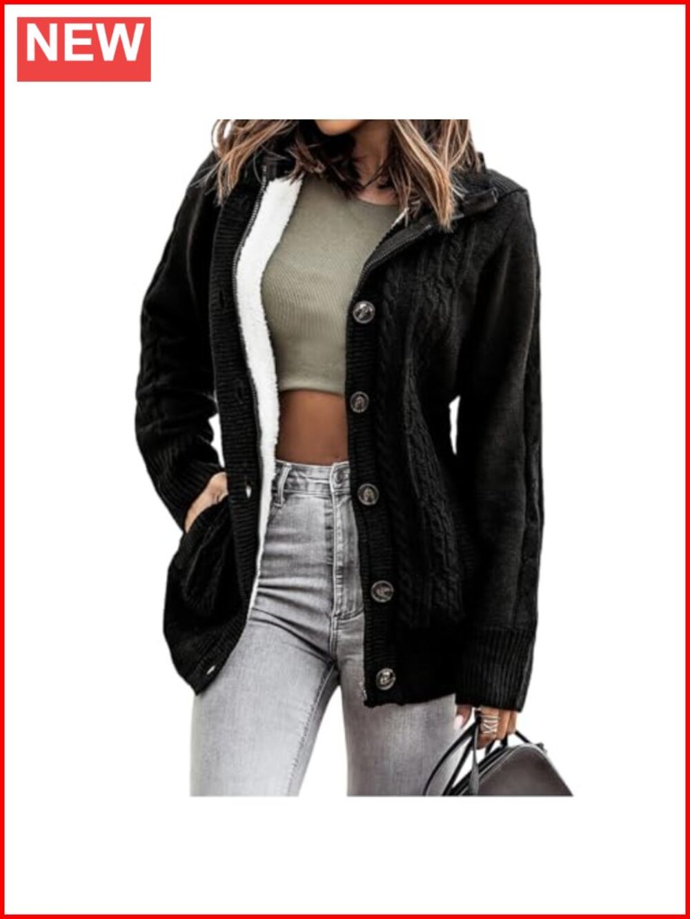 Fleece Lined Hooded Cardigan Sweater Zip Button Knit